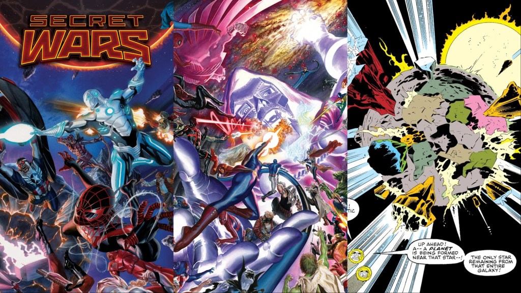 A split image of Secret Wars #1, God Emperor Doom fighting Marvel's heroes, and the formation of Battleworld from Secret Wars 1984