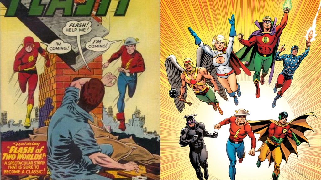 A split image of the cover to The Flash #123, featuring Barry Allen and Jay Garrick and the Justice Society - Hawkman, Power Girl, Green Lantern, Star-Spangled Kid, Wildcat, Jay Garrick, andEarth-Two Robin