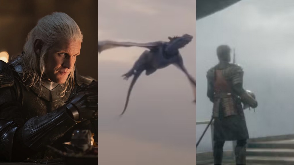 A split image of Daemon Targaryen, Tessarion the dragon, and Tyland Lannister with the Triarchy fleet from House of the Dragon