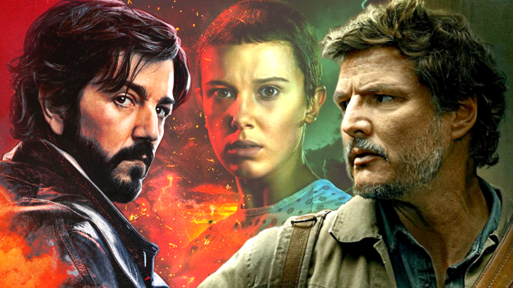 Diego Luna as Cassian Andor from Andor, Millie Bobby Brown as Eleven from Stranger Things, and Pedro Pascal as Joel Miller from The Last of Us